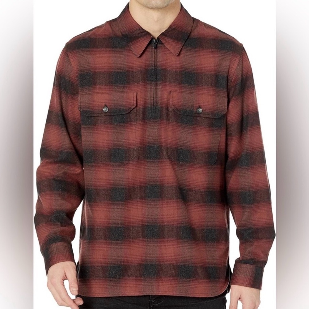 Vince Men’s L Tonal Plaid Quarter Zip Sweater Shirt Cotton Redcurrant